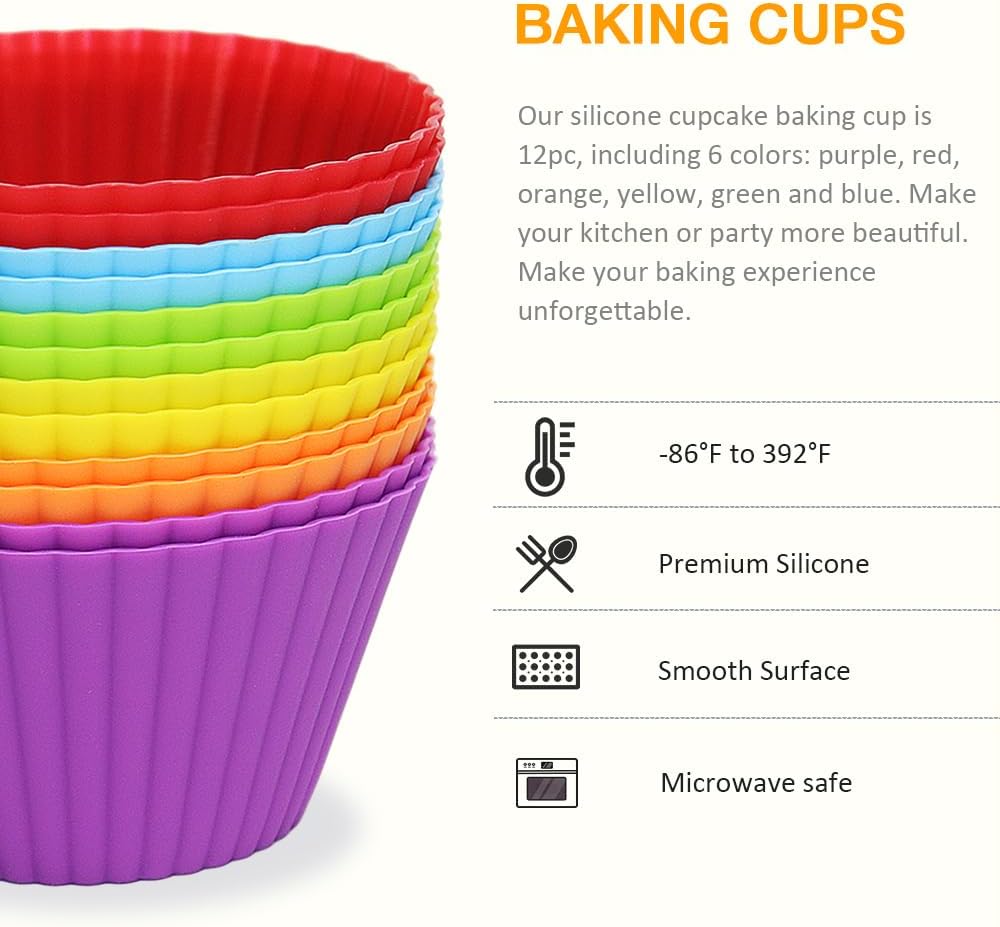 Skiennix Extra Large Silicone Muffin Cups - 12 Pack Reusable Baking Liners | 3.54 Inch Multicolor