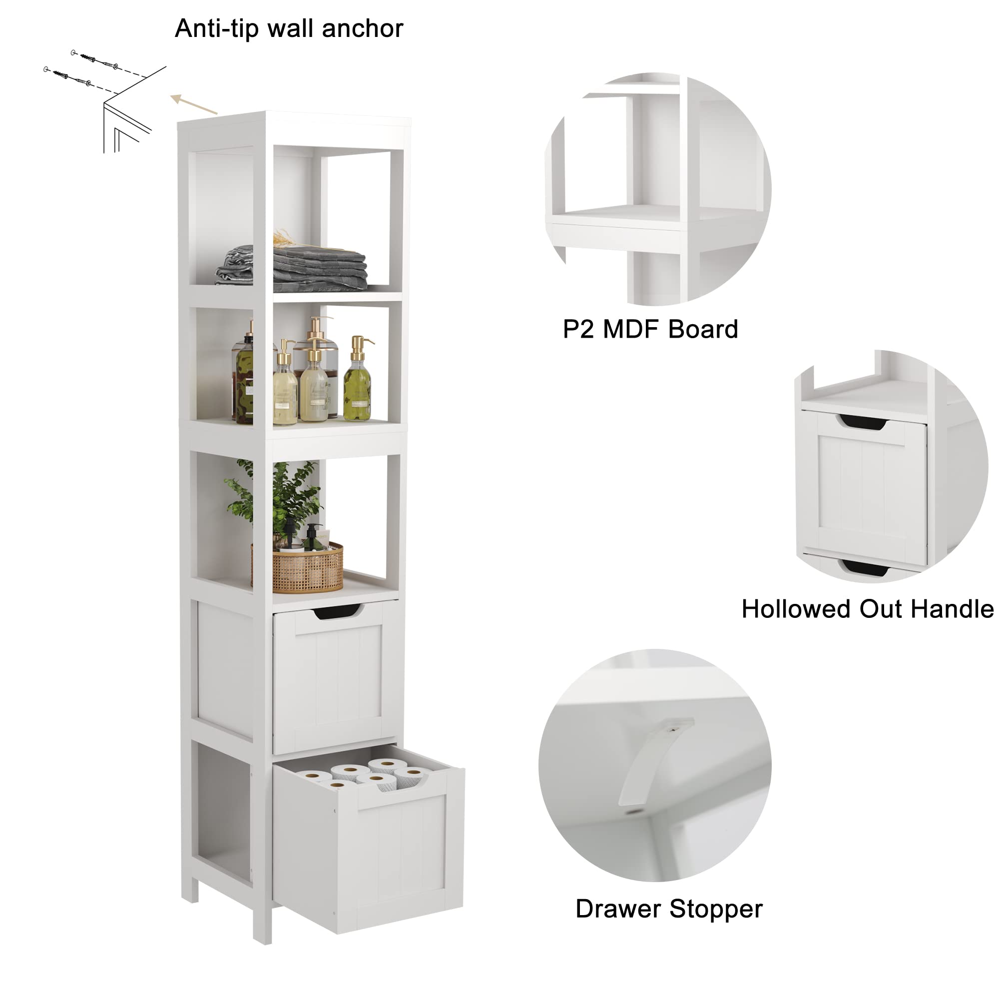 HOMEFORT Bathroom Storage Cabinet, Slim Tall Cabinet, Narrow Floor Cabinet Organizer, Wooden Linen Tower with 2 Drawers and 3 Shelves, Freestanding Cupboard White