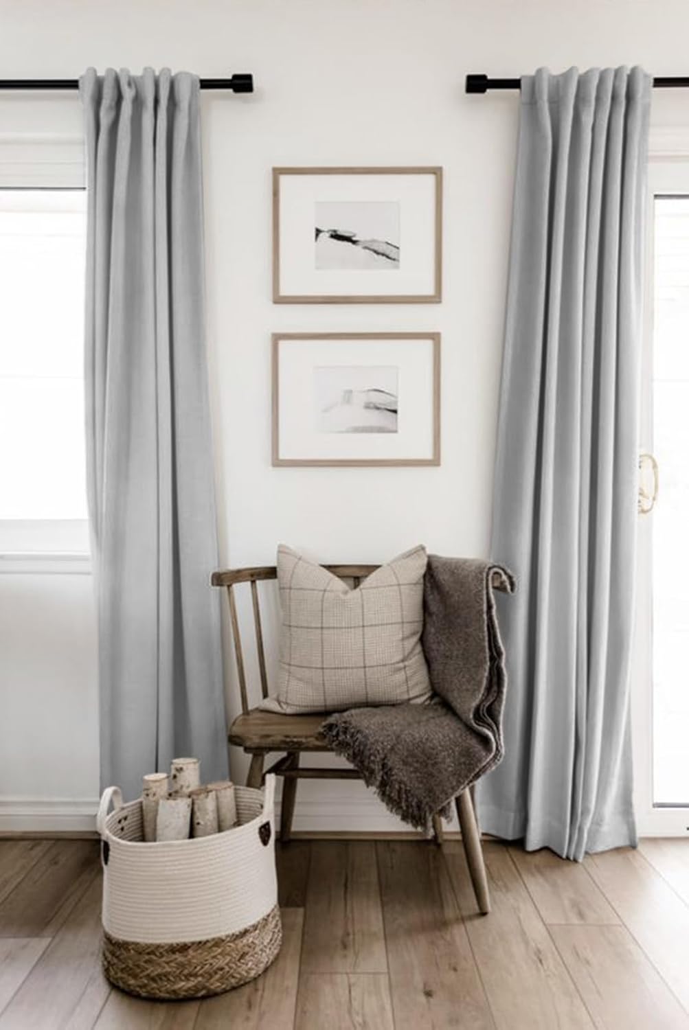 Skiennix 100% Blackout Linen Curtains - Thermal Insulated Drapes for Bedroom | 84" Long, Grey, 2 Panels Set