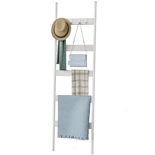 Blanket Ladder, 5-Tier Towel Holder with 4 Removable Hooks, Farmhouse Wall Leaning Decorative Rack Shelf, Wooden Towel Display Rack, Quilt Ladder for Living Room, Bedroom, White