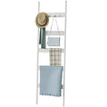 Blanket Ladder, 5-Tier Towel Holder with 4 Removable Hooks, Farmhouse Wall Leaning Decorative Rack Shelf, Wooden Towel Display Rack, Quilt Ladder for Living Room, Bedroom, White