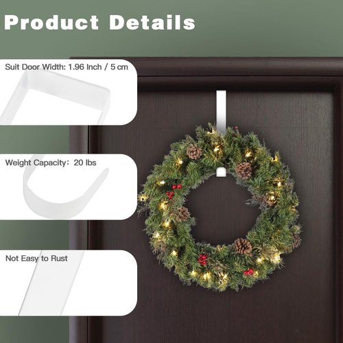 4 Pack Wreath Door Hanger, 15 Inch Wreath Hangers for Front Door White Over the Door Hooks Holder Metal Wreath Hook Back Door Garland Hanger for Halloween Thanksgiving Fall Christmas Wreath Decor