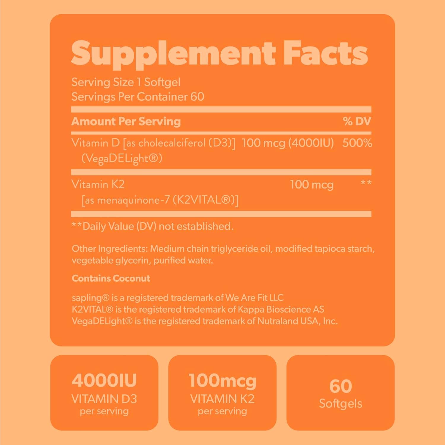 Sapling Vegan Vitamin D3 + K2 Supplement - 4000 IU Vitamin D & 100mcg K2 for Bone Health | 60 Softgels
