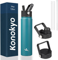 Skiennix Insulated Water Bottle - 24oz Stainless Steel Sport Bottle with 3 Lids | Light Blue