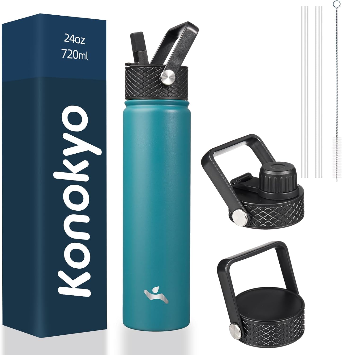 Skiennix Insulated Water Bottle - 24oz Stainless Steel Sport Bottle with 3 Lids | Light Blue