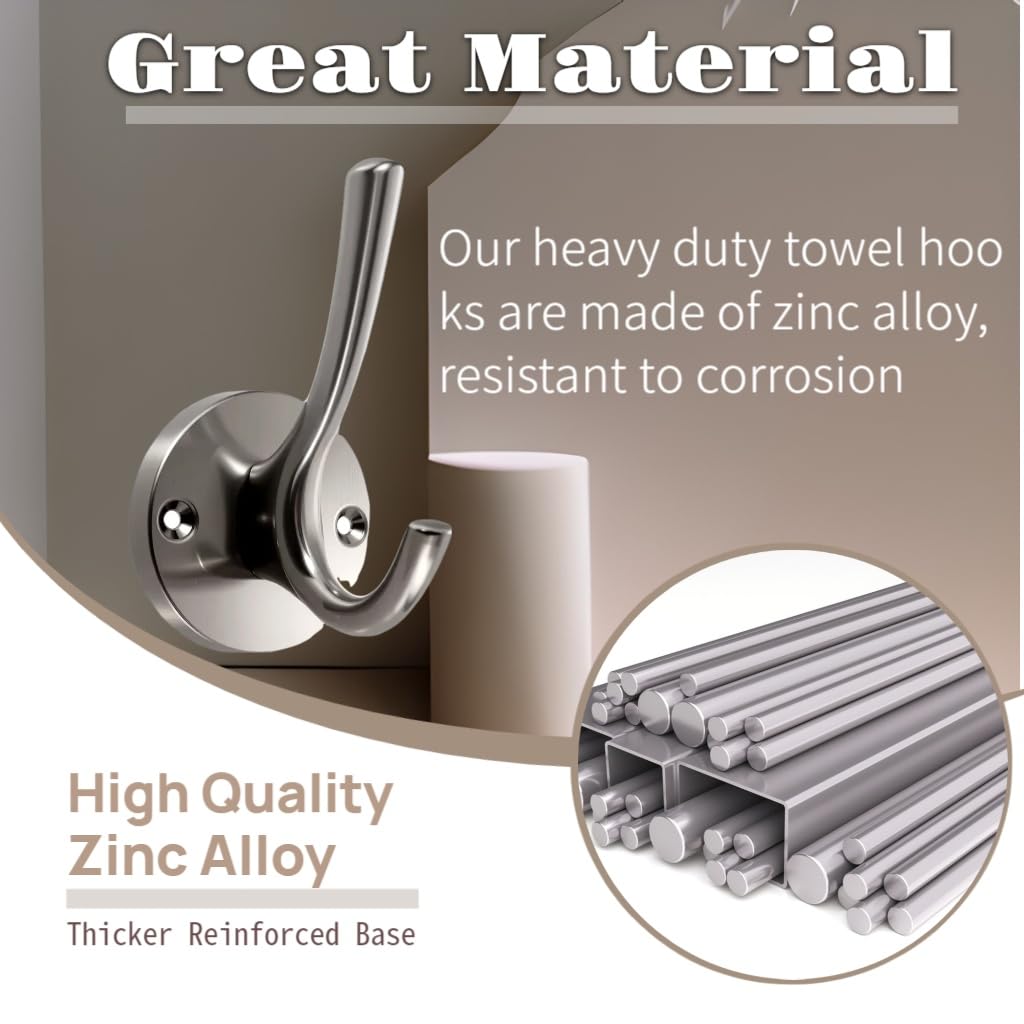 Ojeemii Brushed Nickel Wall Hooks, 2 Pack Heavy Duty Towel Hooks for Bathrooms, Hand Towel Hooks for Bathrooms Entryway Cubicle Kitchen