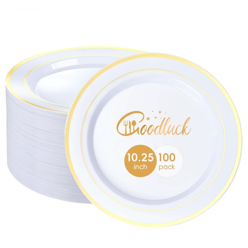 Goodluck 100PCS Gold Plastic Plates, 10.25 Inch Dinner Plate with Gold Rim, Heavy Duty Disposable Plastic Plates for Party, Wedding, Birthday & Daily Use