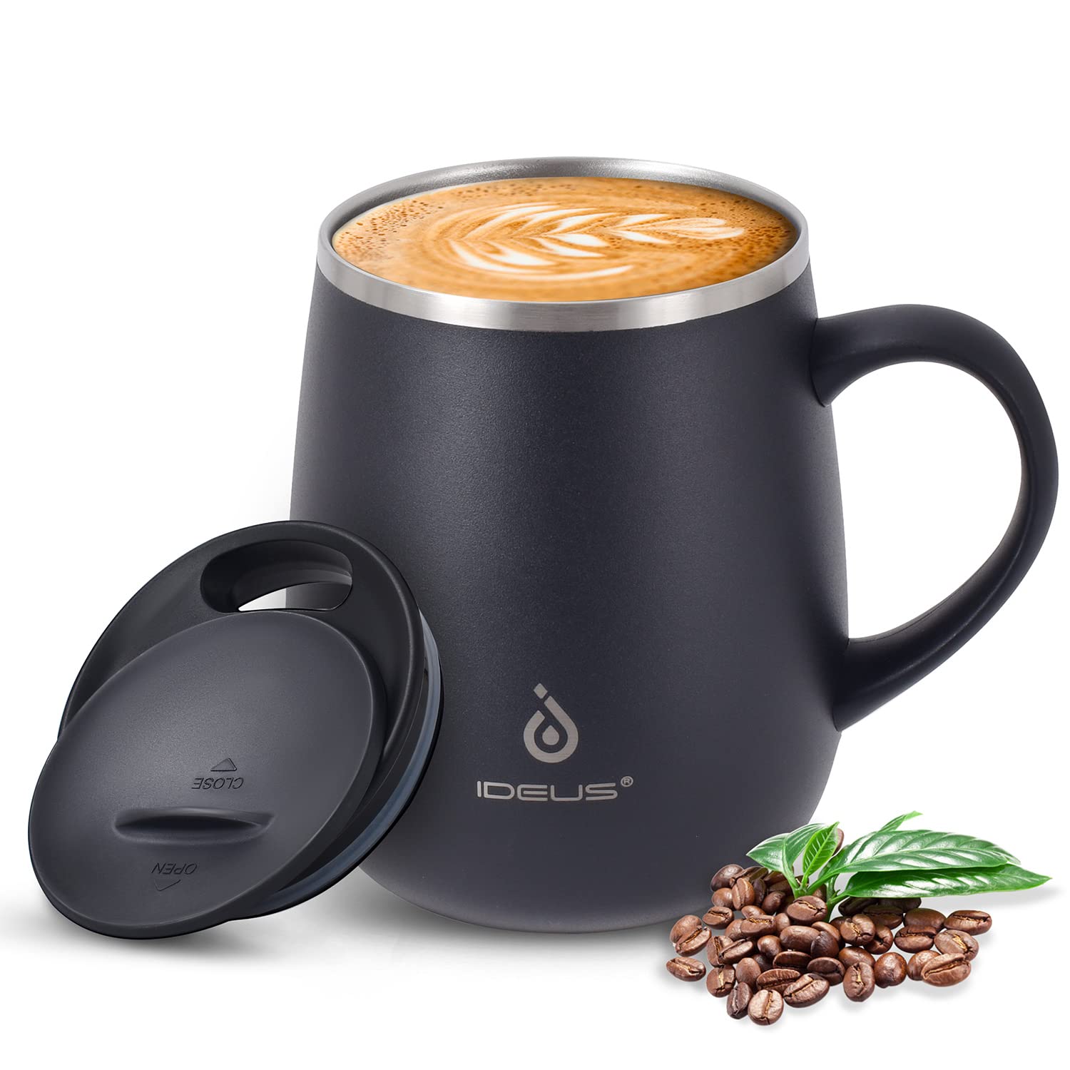 Ideus 16 oz Insulated Coffee Mug with Handle and Lid, Double Wall Stainless Steel Vacuum Thermal Coffee Mug, Travel Coffee Cup Thermal Cup for Home and Office, Storm Black