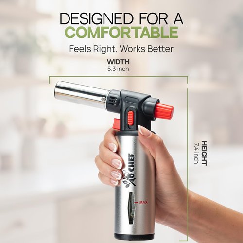 Jo Chef Kitchen Torch With Butane included, Refillable Butane Torch, Creme Brulee Torch, Blow Torch Lighter gun With Safety Lock & Adjustable Flame, 3 Cans (3.38oz) Included