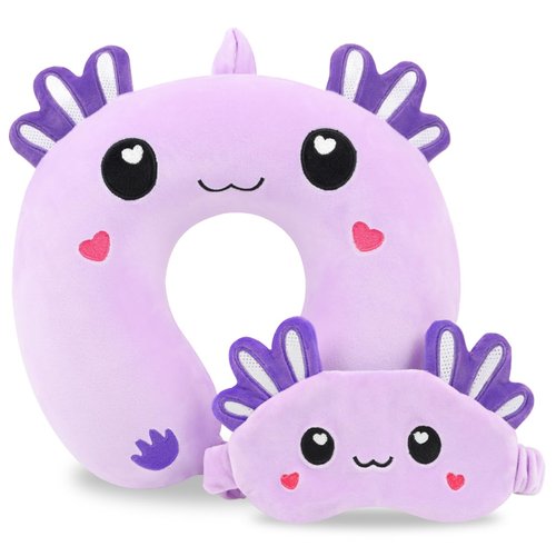 Travel Pillow, Kids Travel Pillow with Sleep Eye Mask Soft Memory Foam Kids Neck Pillow for Boys & Girls, Travel Accessories for Car Airplane Traveling - Purple Axolotl