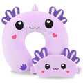Travel Pillow, Kids Travel Pillow with Sleep Eye Mask Soft Memory Foam Kids Neck Pillow for Boys & Girls, Travel Accessories for Car Airplane Traveling - Purple Axolotl