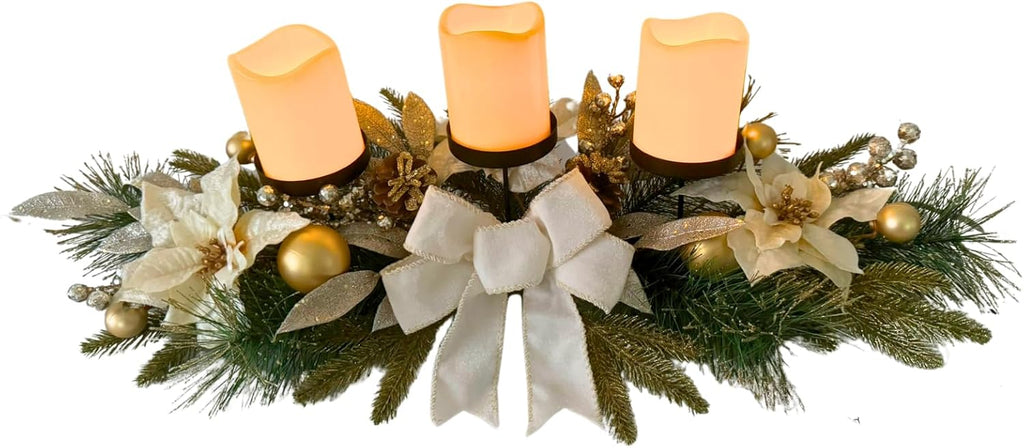 Svndlyn Christmas Candle Holders - Elegant 3-Piece Centerpiece with Poinsettia Flowers & Glitter Pinecones