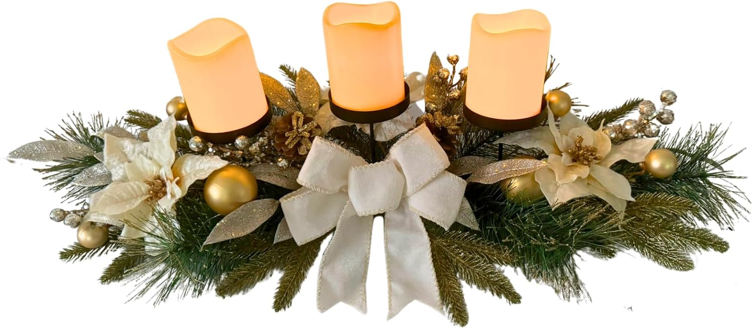 Svndlyn Christmas Candle Holders - Elegant 3-Piece Centerpiece with Poinsettia Flowers & Glitter Pinecones