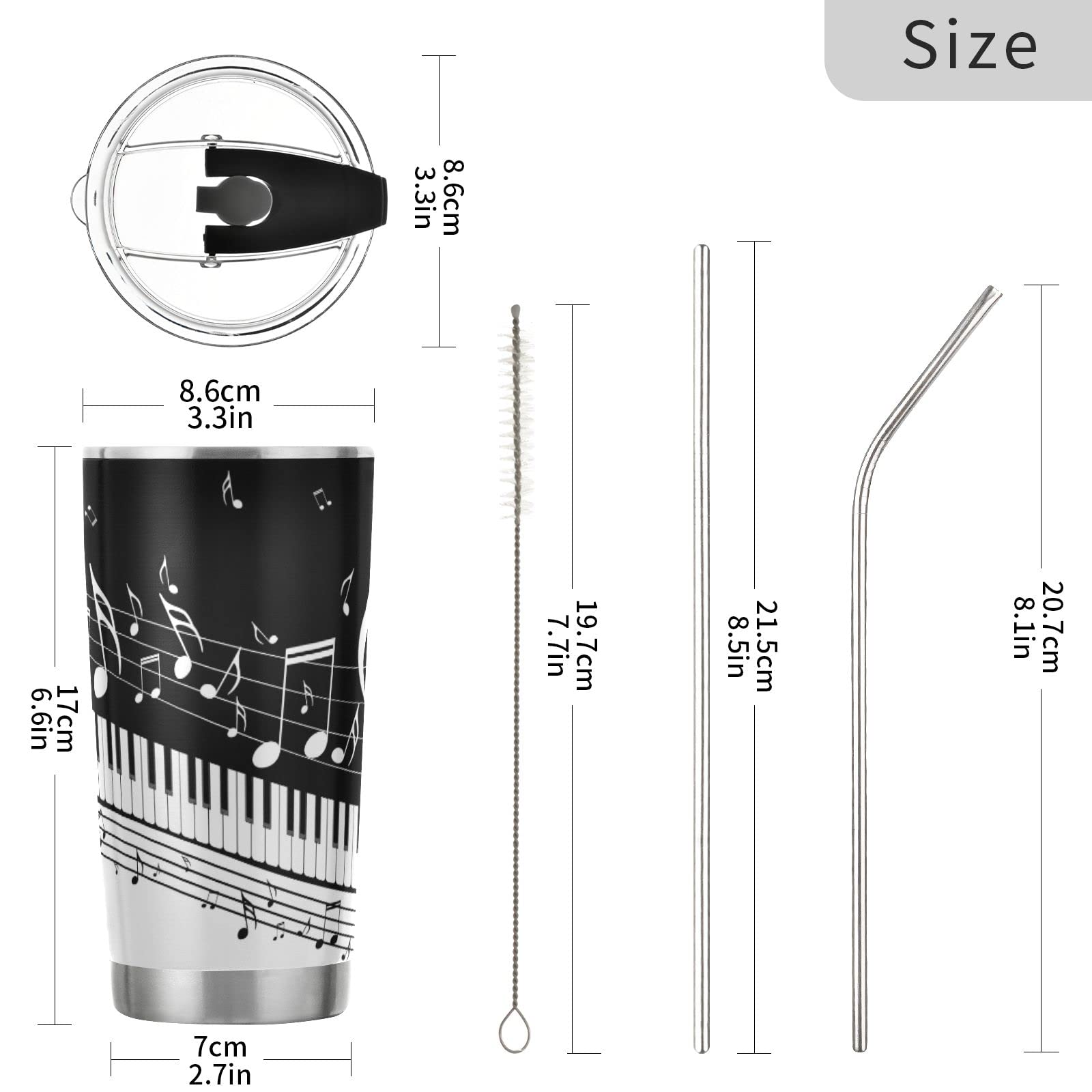 Selerdon 20 oz Piano Keys Music Note Insulated Tumbler Coffee Mug Double Wall Vacuum Travel Mug with Straw and Lid Stainless Steel