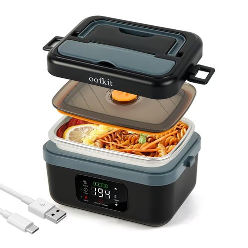 oofkit Electric Lunch Box For Adults(Men & Women),Heated Lunch Box Battery Powered With USB Charge port,Self Heating Coreless,Portable Food Warmer For meals on the go(1L Black)