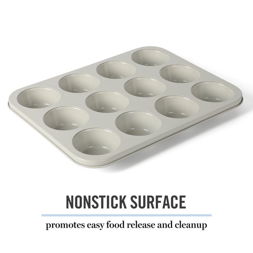 Martha Stewart Gallen 12-Cup Nonstick Carbon Steel Muffin and Cupcake Pan – Cool Grey, Durable Bakeware for Even Baking and Easy Release