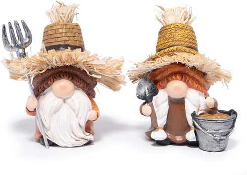 Hodao Farmer Gnomes Figurines - Rustic Hand-Painted Resin with Straw Hats & Tools | Charming Farmhouse Decor for Gardeners