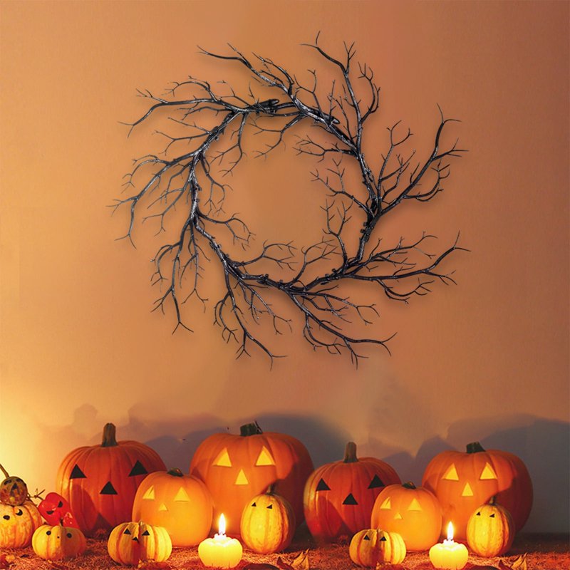 Halloween Black Twig Wreath with Spooky Twinkling Lights - Indoor Outdoor Decor