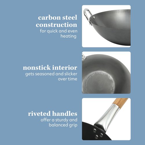 SUR LA TABLE Kitchen Essentials Quick Fire 13.5" Carbon Steel Flat Bottom Wok – Durable Nonstick Stir Fry Pan