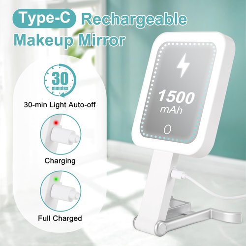 DECLUTTR Travel Makeup Mirror with Lights, Rechargeable 1X/15X Magnifying with Light Double Sided，Portable Handheld Mirror with 3 Color Light Dimmable, Tabletop,Hanging,White