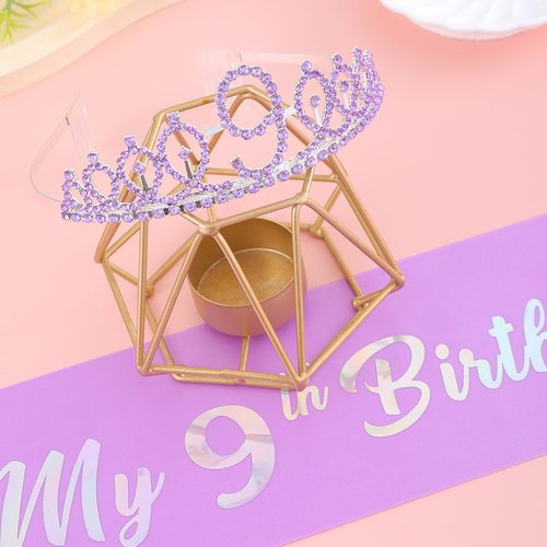 9th Birthday Decorations for Girls,Purple Headband & Glitter Sash Set for 9 Year Old Girl Birthday Decoration (Purple)
