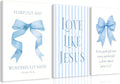 Blue Bow Jesus Canvas Wall Art - Inspirational Bible Verse Decor for Dorm Room | 12x16 Inch Framed