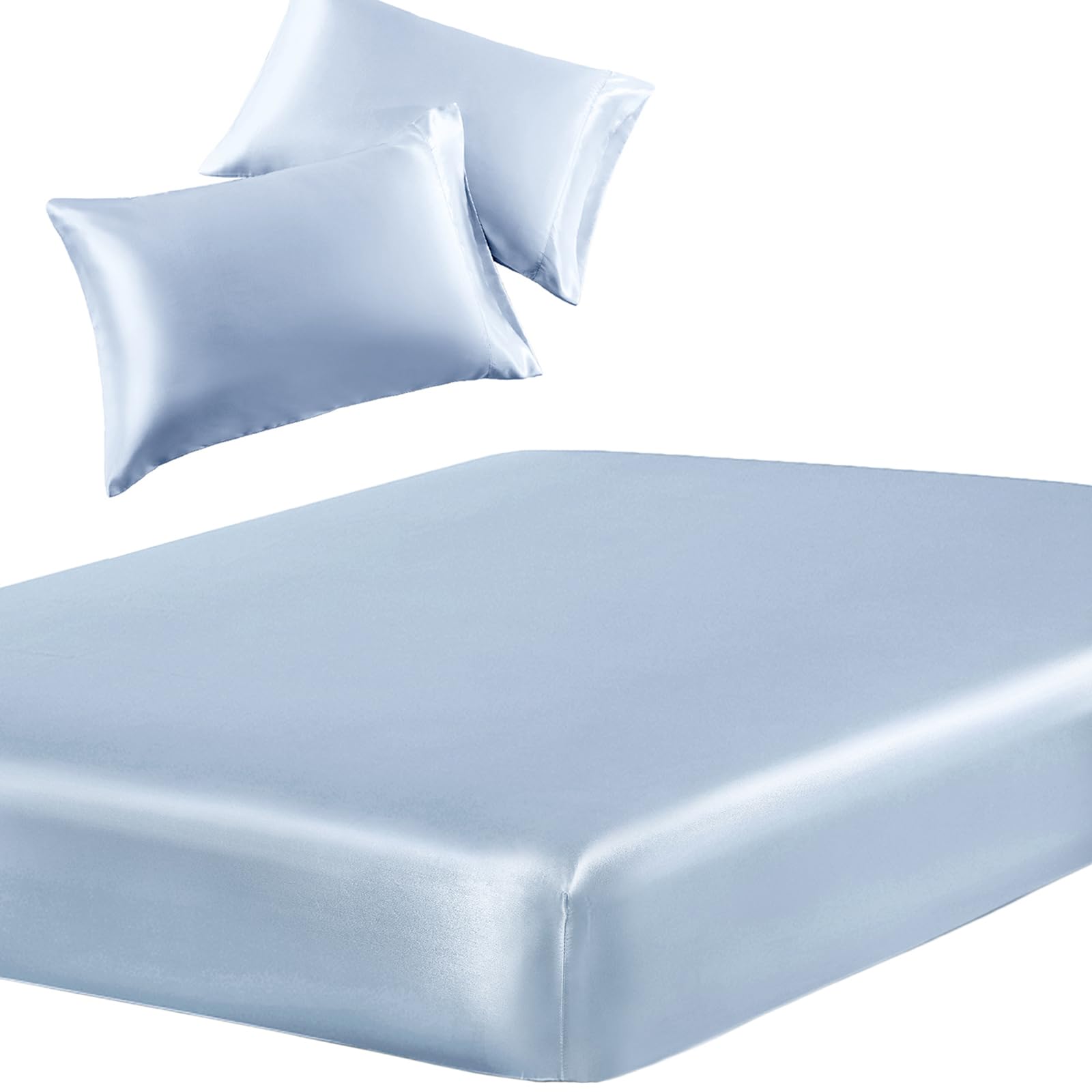SiinvdaBZX 3-Piece Set Satin Twin XL Fitted Sheet & 2 Pillowcase, Baby Blue Silky Soft Fitted Bottom Sheet Twin Extra Long Bed Sheets, Wrinkle Free, Fade Resistant (Deep Up to 15")