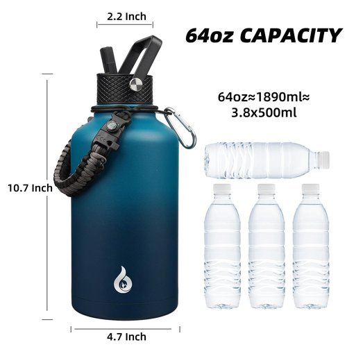 BJPKPK Half Gallon Insulated Water Bottles with 3 Lids and Paracord Strap, 64oz Large, Stainless Steel Water Bottles with Straw Lid, Half Gallon Water Jug,Vast