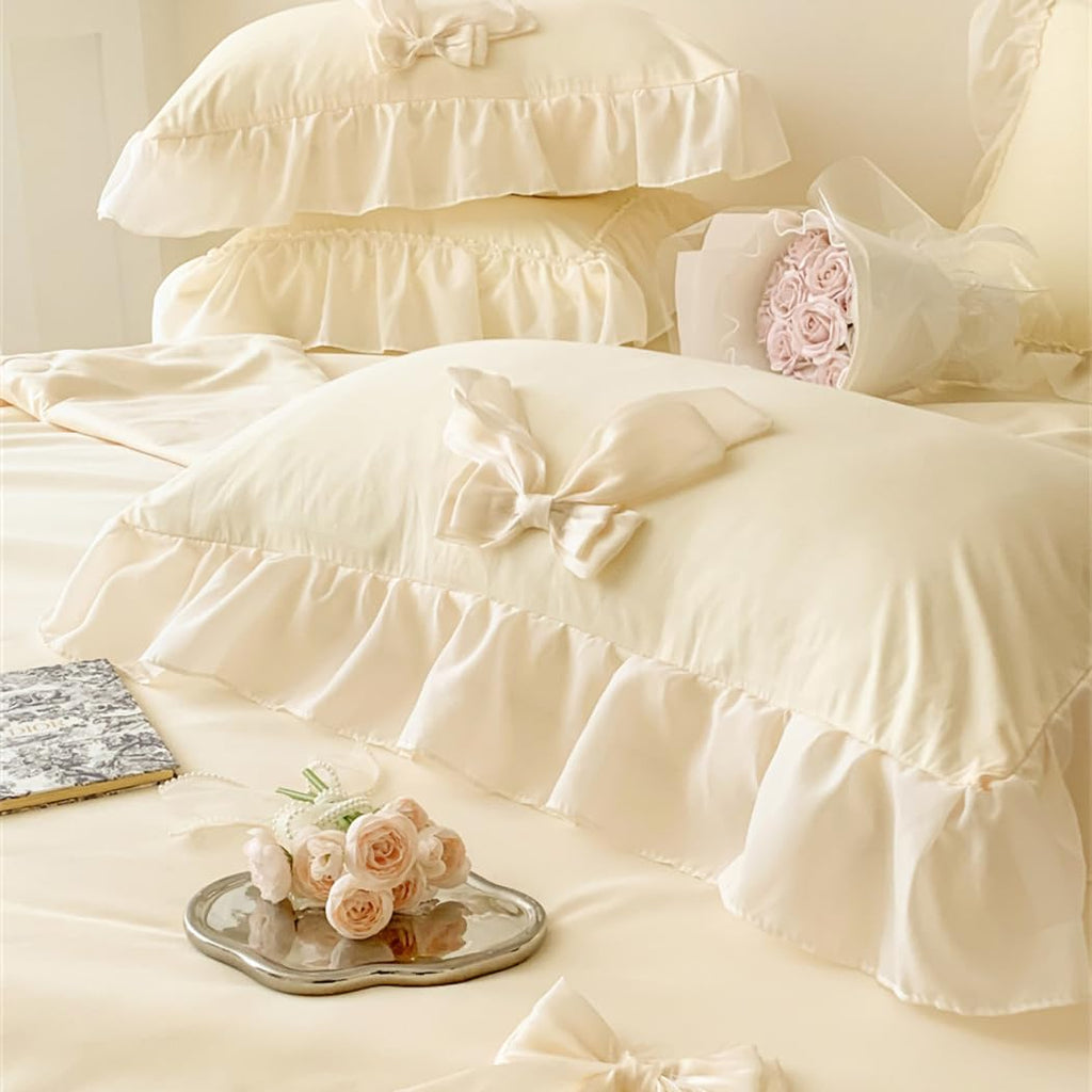 IHOUSTRIY Duvet Cover Twin Size, Ruffle Beddding Set with Bowtie, 2 Pieces Comforter Cover Set with Zipper Closure, Girl Princess Bedding with Pillowcase - Cream Yellow, Twin