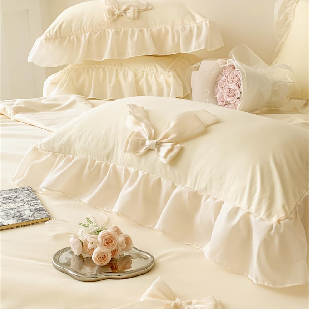 IHOUSTRIY Duvet Cover Twin Size, Ruffle Beddding Set with Bowtie, 2 Pieces Comforter Cover Set with Zipper Closure, Girl Princess Bedding with Pillowcase - Cream Yellow, Twin