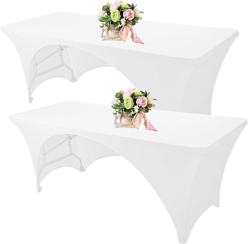 Fivenl Spandex Rectangle Tablecloths - 2 Pack White Fitted Covers for 6-Foot Tables | 72 x 30 Inch, Washable