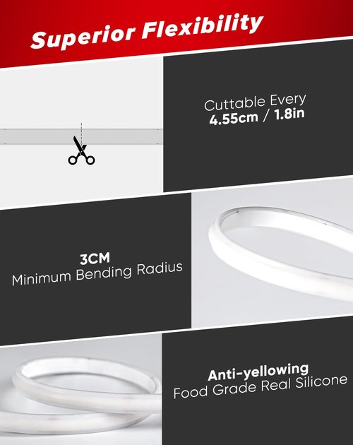 Shine Decor COB LED Rope Light AC 120V, 800lm Ultra Bright, IP65 Waterproof Cold-Resistant ETL Neon Strip, No Driver Tape Lighting for Home Commercial 10x4.5mm, Amber, 16.4ft