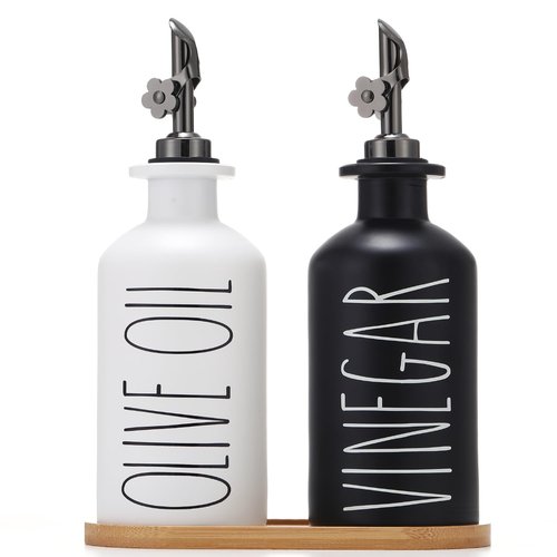 HOMCDALY Premium Olive Oil Dispenser for Kitchen, 11.8oz Glass Oil Bottles with Bamboo Tray, Oil&Vinegar Cruet Set, Kitchen Dispenser Bottles with Pourer | Set of 2 (11.8oz –P–Black&White)