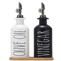 HOMCDALY Premium Olive Oil Dispenser for Kitchen, 11.8oz Glass Oil Bottles with Bamboo Tray, Oil&Vinegar Cruet Set, Kitchen Dispenser Bottles with Pourer | Set of 2 (11.8oz –P–Black&White)