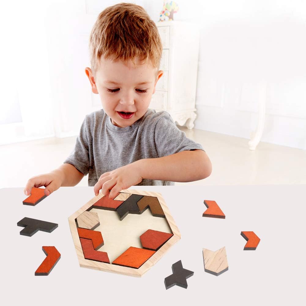 Skrtuan Wooden Hexagon Tangram Puzzle - Educational Brain Teaser for Kids & Adults | Portable Montessori Toy