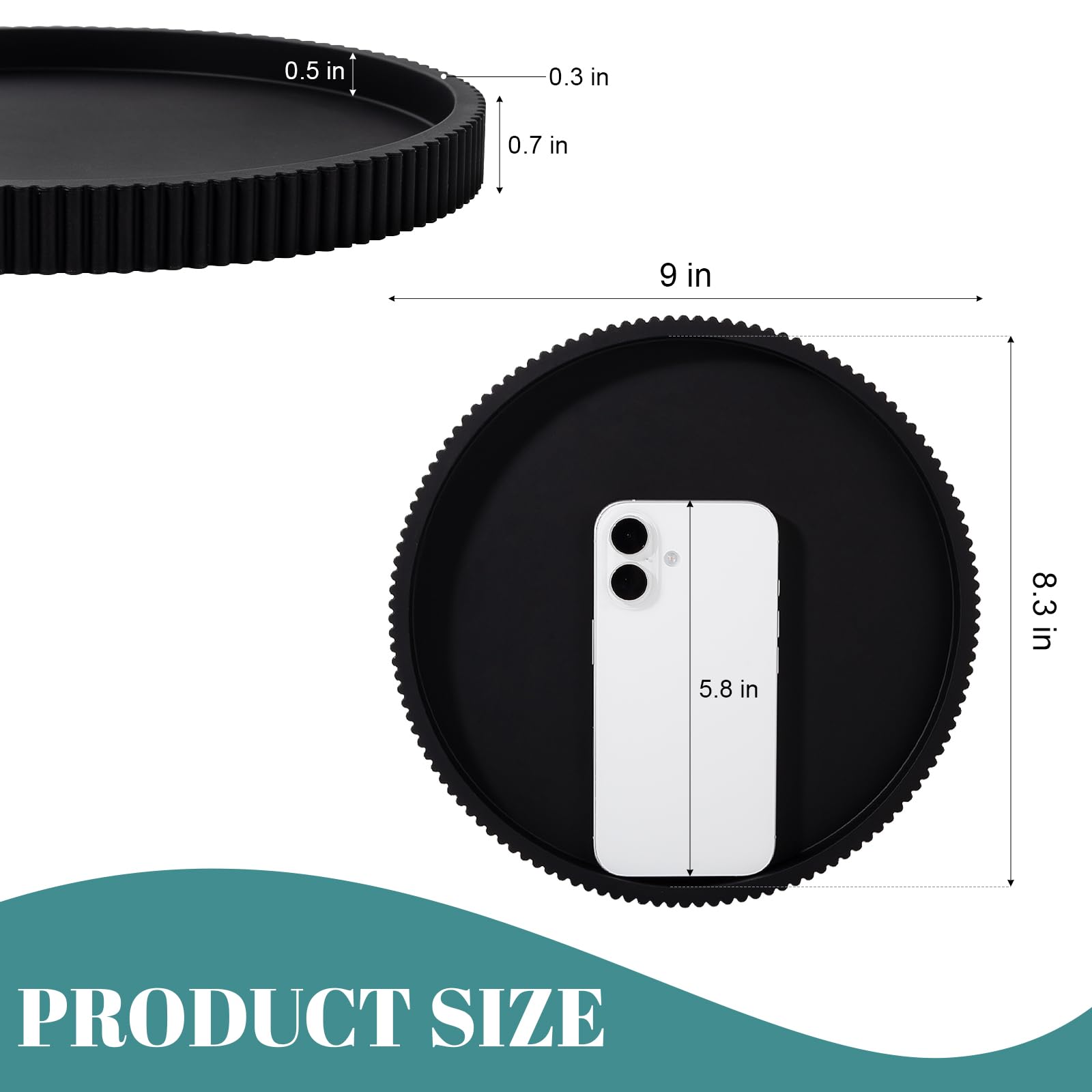 Silicone Bathroom Tray Round Kitchen Counter Organizer Decorative Vanity Accessories Coffee Table Decor for Perfume, Candle, Soap Dish, 9 Inch, Black