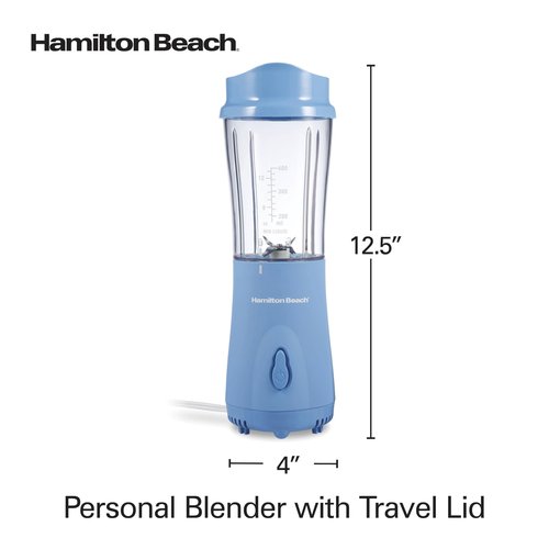 Hamilton Beach Portable Blender for Shakes and Smoothies, 14 Oz BPA Free Travel Cup & Lid, Durable Stainless Steel Blades, Personal Smoothie Blender, Tranquil Blue (51172)