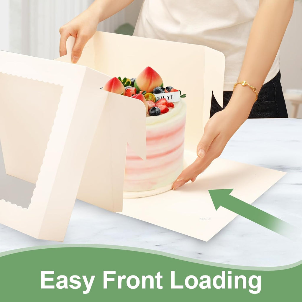 Skiennix Cake Boxes - 12x12x8 Inches Tall White Bakery Boxes with Large Window | 2 Pack, Disposable Transport Containers for Cakes, Cookies, Pies, Weddings, Birthdays