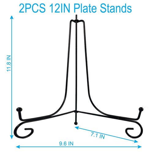 HENABLE 2PCS Premium Black Iron Plate Stands for Display 12 Inch, Decorative Solid Metal Plate Holders for Displaying, Mini Easel, Frame, Book, Card, Plaque, Bowl, Picture Stands for Display