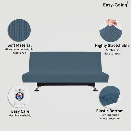 Easy-Going Stretch Futon Slipcover Armless Futon Bed Cover Furniture Protector Without Armrests with Elastic Bottom for Kids, Soft Jacquard Fabric Small Checks (Large, Bluestone)