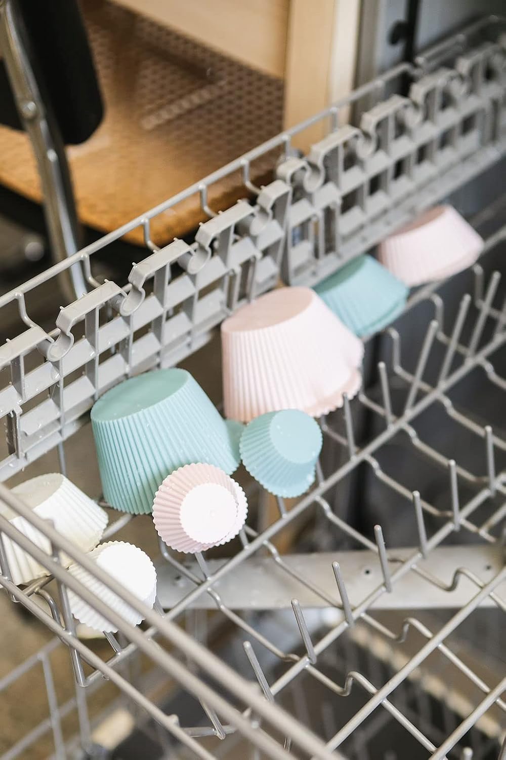 Skiennix Reusable Silicone Baking Cups - BPA Free Muffin Liners, Mini Size, 24 Pack in Pink, Gray, Blue