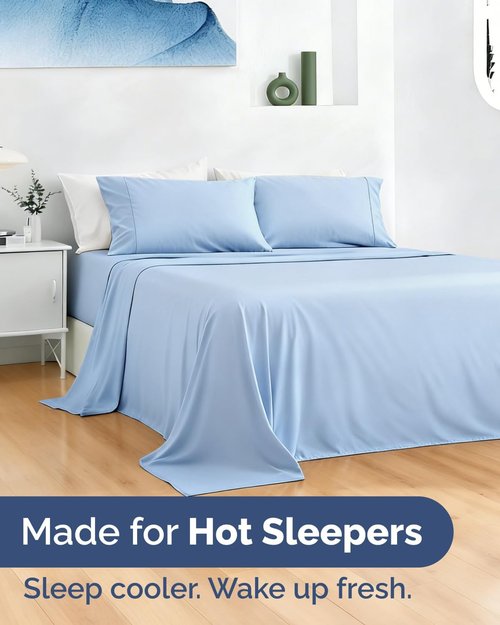 Cooling Sheets Set - Queen Size 4-Piece Bedding for Hot Sleepers | Soft, Breathable, Lightweight - Sky Blue