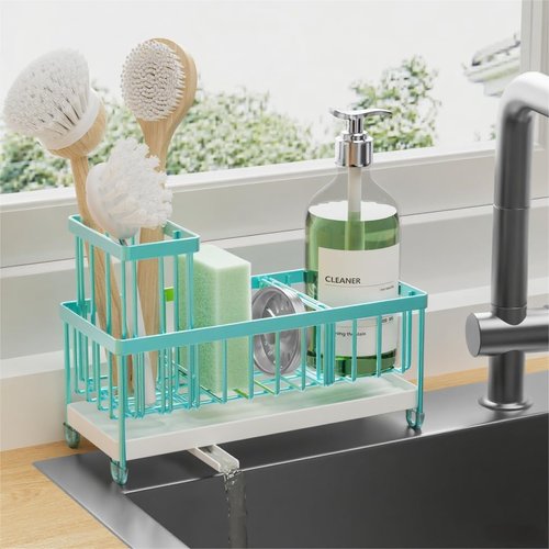 Cisily Kitchen Sink Caddy Organizer - Durable 304 Stainless Steel with High Brush Holder | Teal, 9.25”