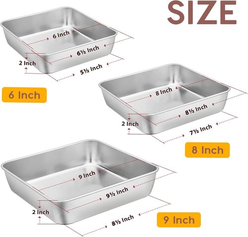 E-far Stainless Steel Square Cake Pan Set - 3-Piece Non-Toxic Bakeware | Easy Clean & Dishwasher Safe