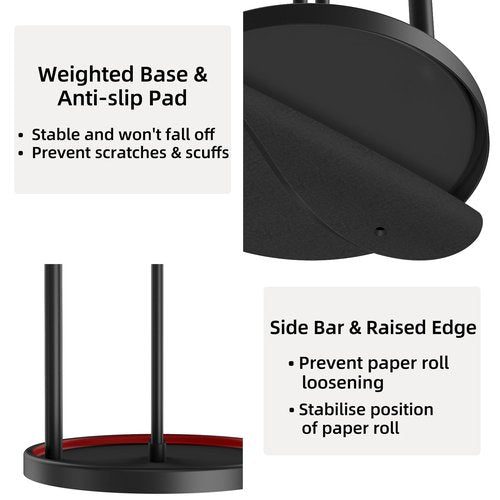 Paper Towel Holder Countertop, Freestanding Paper Towel Roll Holder with Weighted Base, Stainless Steel Standing Papertowel Holder for Kitchen, Matte Black