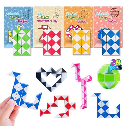 28 Pack Valentine's Day Gifts for Kids Snake Twist Puzzle Toys Magic Stress Relief Fidget with Greeting Cards, Boys and Girls Classroom Exchange Prizes Party Favour
