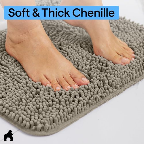 GORILLA GRIP Bath Rug Mat - Thick Soft Absorbent Chenille | Quick-Dry Microfiber, Rubber Backing, 24x17, Latte
