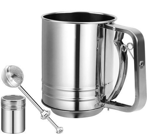 Flour Sifter Stainless Steel,3 Cup Flour Sifters for Baking,3 in1 Sifter for Baking with Powdered Sugar Shaker Duster, Flour Shaker Duster for Baking Cakes, Pastries, Pies, Cupcakes and Desserts