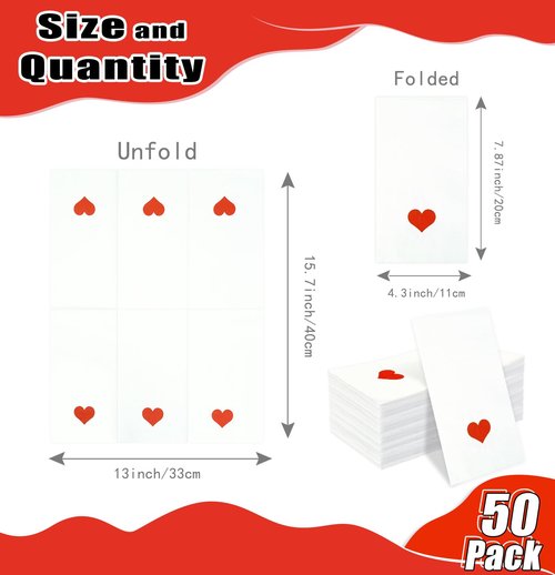 HEIPINIUYE 50 Pieces Valentine Paper Napkins 3-ply White and Red Valentines Heart Guest Napkins Disposable Hand Towels for Bathroom Wedding Valentine's Day Love Party Dinner Napkin