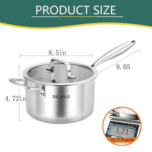 DELARLO Tri-Ply Stainless Steel Saucepan, 3.5 QT Saucepan with Lid, All Stove Compatible 600℉, Induction Sauce Pot, Heavy Duty Saucier, Dishwasher Safe Saucepan, Induction Pot 3.5 Quart, Even Heat